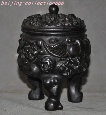6'' China natural Ebony Wood Carved tree Tripod sacrifice Incense burner Censer - Image 1 of 4