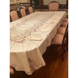 Mantel y servilletas vintage hechos a mano Italia punto de cruz floral multicolor - Imagen 1 de 24
