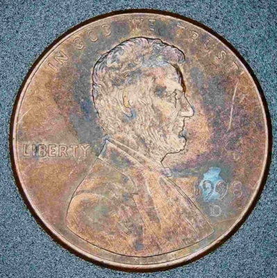 1998-D Strike Through Grease Error Obverse & Rev, Die Chip Lincoln Cent, toned - Image 1 of 4