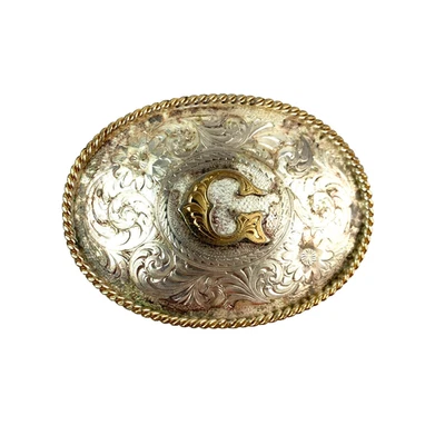 Винтажная металлическая пряжка ремня Initial G Etched Rope Edge Montana Silversmiths - Изображение 1 из 4