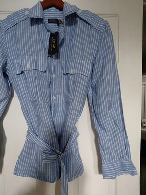 NUEVO CON ETIQUETAS POLO Ralph Lauren Lino Rayas Camisa Chaqueta Cinturón Azul Blanco 2 Ejército Militar Foto 1 de 4
