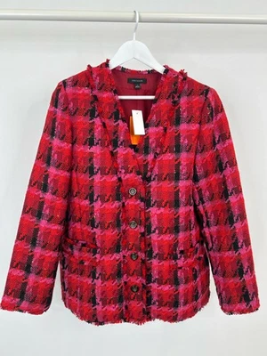 ANN TAYLOR NUEVO CON ETIQUETAS $189 Talla 14 ROJO ROSA WMN Pata de Gallo Tweed Largo Cárdigan Chaqueta Foto 1 de 4