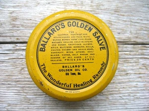 Raro Antiguo Ungüento Ballard’s Golden Salve Aceite Metal Lata Old Town Maine ME - Imagen 1 de 5