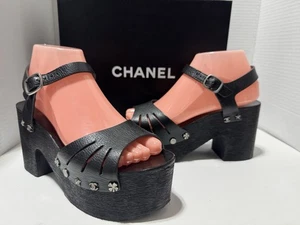 CHANEL Black Leather CC Logo Stud 38 US 8 Wooden Platform Clog Sandals Shoes Box - Picture 1 of 15