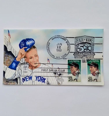 LOU GEHRIG 1989 First Day Cover FDC Original Artwork Signed Envelope HOF 50th NY - Image 1 of 2