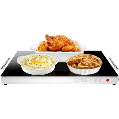 CHEFMAN ELECTRIC WARMING TRAY ADJUSTABLE TEMPERATURE GLASS TOP 21” X 16” - BLACK - Image 1 of 4