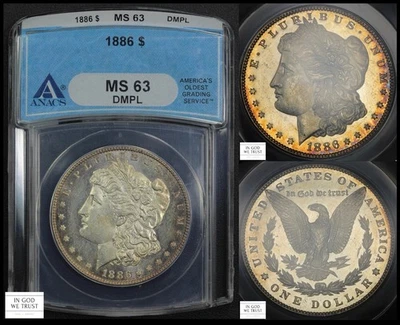Dólar Morgan 1886 espejo profundo a prueba $1 soporte azul antiguo ANACS MS 63 DMPL Foto 1 de 4
