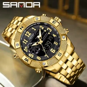 SANDA Golden Top Men Watch LED Digital Stainless Steel Military Sport Waterproof - Picture 1 of 7