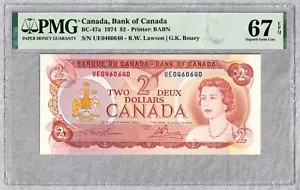 1974 Canada $2 Banknote, RADAR, PMG UNC 67 EPQ - Picture 1 of 2