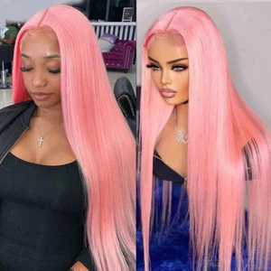 Long Lace Front Wig Pink Straight Synthetic Hair Wigs Cosplay Party Glueless Wig - Picture 1 of 10