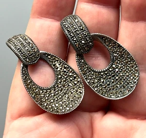VTG Sterling Silver Sparkling Marcasite Earrings Art Deco Door Knocker Pierced - Picture 1 of 22