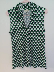 Banana Republic Medium Green  White Black Geometric Sleeveless Top With Tie Neck - Picture 1 of 17