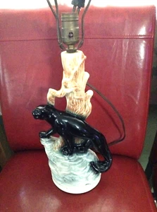 BLACK PANTHER TABLE LAMP 18" VINTAGE ART DECO ERA ANTIQUE MCM Big Cat 1940's - Picture 1 of 12
