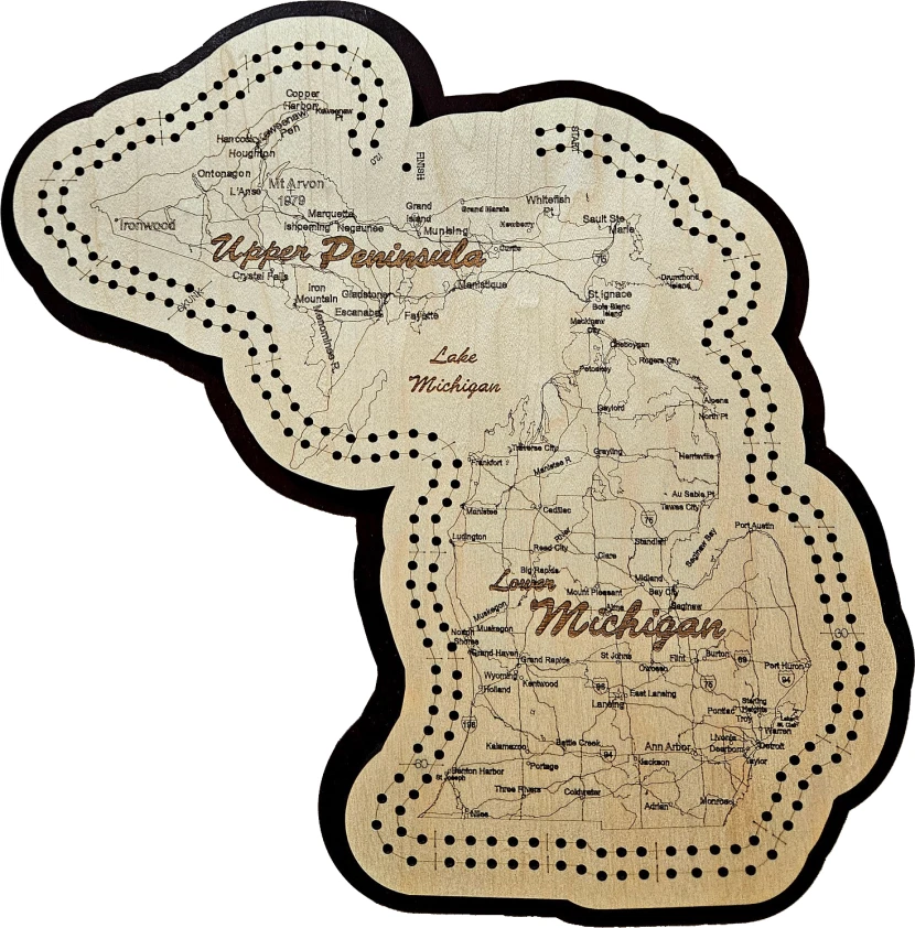 Michigan Shaped Road Map Cribbage Board - Image 1 of 1