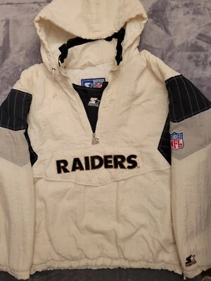 Jaqueta iniciante vintage Oakland Raiders masculina com capuz grande branca Vegas anos 90 nova com etiquetas rap - Imagem 1 de 4