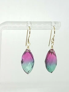 14k Yellow Gold Pink and Green Tourmaline Marquise Briolette Dangle Earrings - Picture 1 of 4