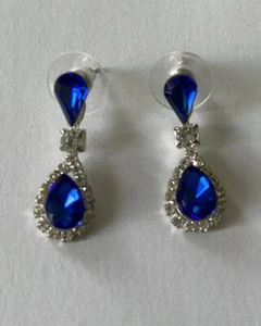 Rhodium Plated Indicolite Blue Crystal Rhinestone Drop Dangle Earrings NWOT - Bild 1 von 4
