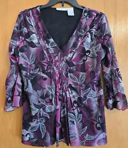 Worthington Women's Magenta/Black Leaf Print V-Neck Blouse Size Large - Picture 1 of 3