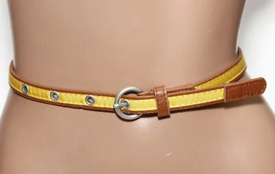 Vintage Brown/Yellow Skinny Fashion Belt - Round Buckle - SIZE M - 40" Long - Image 1 of 4