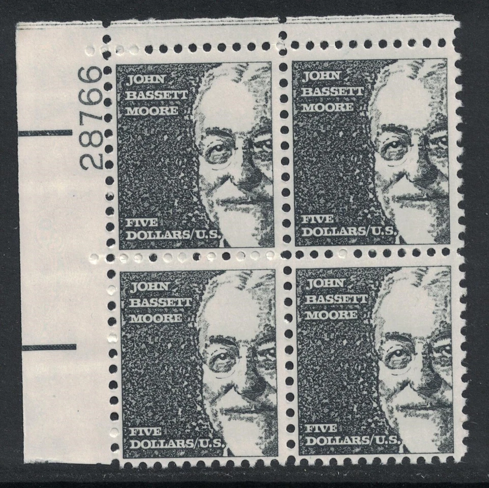 Scott 1295a (tagged, 1973)- MNH Plate Block- $5 John Bassett Moore- mint - Image 1 of 1