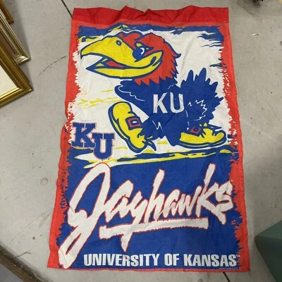 Vintage KU Kansas University Jayhawks Flag Banner Hanging 26x40 90s - BUB - Image 1 of 3
