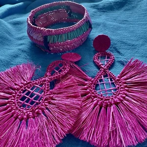 De la Colección IBU Rosa Caliente enormes Pendientes y Pulsera Tejidos Artesanos - Imagen 1 de 5