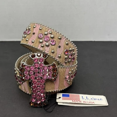 B.B. Simon Belt Women’s XXL Cross Crystal Rhinestone Western Made USA Zebra - Image 1 of 4
