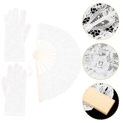  Ventaglio Richiudibile Da Matrimonio Guanti Pizzo Bianco Nuziali - Immagine 1 di 4