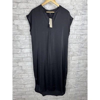 New BANANA REPUBLIC Midi Shirt Sheath Dress Size Medium Petite Black Satin - Image 1 of 4