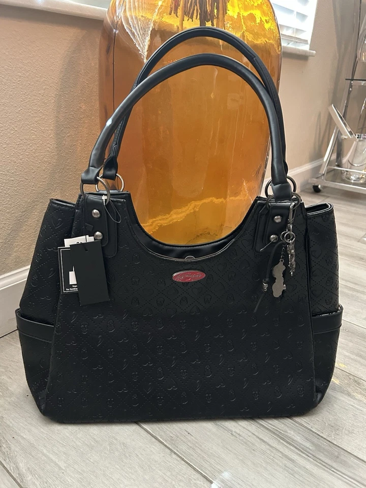 NWT Ed Hardy Signature Black Embossed Skull Heart Tote - Image 1 of 4