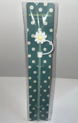 Hello Crush Daisy Flower Reusable Straw & Cap Green White Yellow NWT - Image 1 of 4