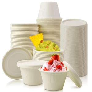 100 Pack 4oz Disposable Paper Cups with Lids, Ice Cream Cups, Natural Bagasse... - Picture 1 of 7