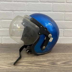 Vintage Motorcycle Snowmobile Racing Helmet Bubble Shield Blue Metallic Sparkle - Picture 1 of 11