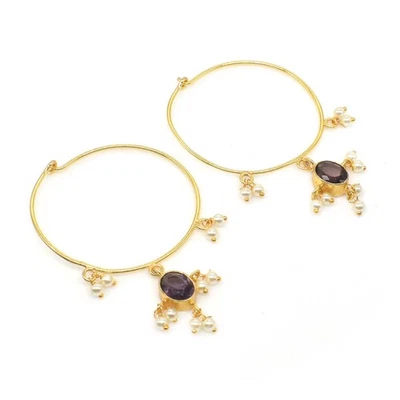 Amethyst Quartz Gemstone Gold Plated Jewelry Designer Hoop Earring 2.5" z399 - Image 1 of 4