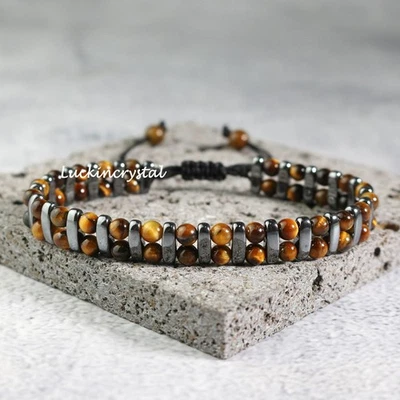 Pulseira de cura natural olho de tigre e hematita dupla proteção com contas - Imagem 1 de 4