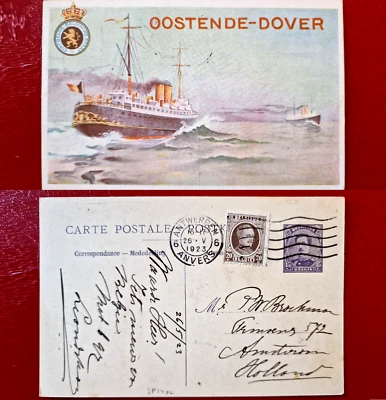 Belgium to Holland 1923 - USED - Ship - 20 Cents & 15 cents 2 Stamps - Image 1 of 3
