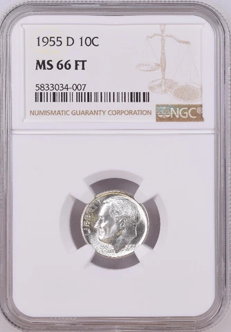 1955-D 1OC FRANKLIN ROOSEVELT-DIME NGC NEAR-SUPERB-BU MS-66-FT HIGHEST-GRADES Cover