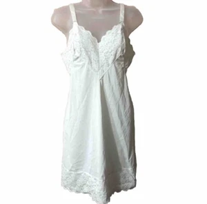 Vintage KOMAR Full SLIP Dress WHITE Size 34 Short Stretch LACE Semi Sheer - Picture 1 of 5