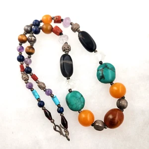 Vtg Sterling Gemstone Bead Necklace Turquoise Amber Handmade Silver Ethnic Art - Picture 1 of 6