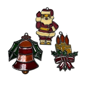 Vintage Faux Stained Glass Santa Bell & Candle Ornament Christmas Sun Catcher - Picture 1 of 10
