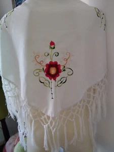 70,S White Fabric Shawl With Embroidery And Fringe.Measures 60 Ins Long ,29 Ins - Picture 1 of 6