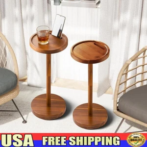 Set of 2 Acacia Round Pedestal Side Tables W/ Phone Holder Small Spaces Decor US - Picture 1 of 5