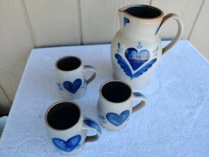 Rowe Pottery Works 9.25" Tall Pitcher And 3 Mugs Set Blue Heart Salt Glazed - Picture 1 of 11