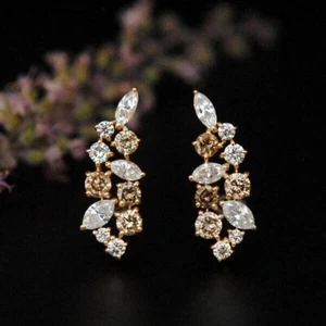 Brown & White Diamond Ear Climbers Earrings in 14K Yellow Gold Over For Women's - Picture 1 of 5
