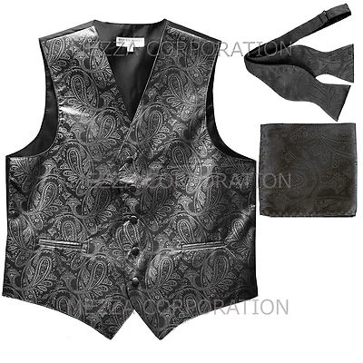 New Men's dark gray paisley Tuxedo vest Waistcoat self tie bow tie & hankie set  - Image 1 of 4