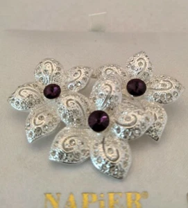 Vintage Napier Brooch Silver Flowers Purple Rhinstone Center Pin 2.25” - Picture 1 of 11
