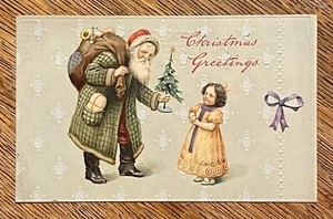 RARO Abrigo a Cuadros de Papá Noel Ofertas ÁRBOL de Navidad a NIÑA—¡Antigua Postal en Relieve! - Imagen 1 de 3