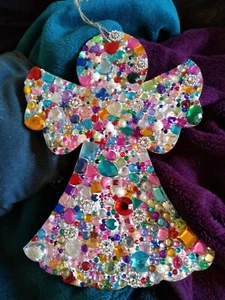 X LARGE HANDMADE GEM ENCRUSTED WOODEN ANGEL HANGING GIFT - new see pic - Picture 1 of 2