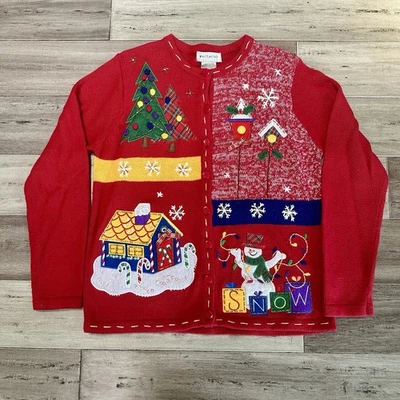 Cárdigan Suéter Navidad Ciervo Blanco De Colección Para Mujer M Vacaciones Feo Muñeco de Nieve Rojo Foto 1 de 4