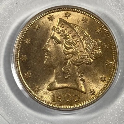 1900 年自由女神半鹰金 5 美元。 PCGS MS 63. 旧绿色标签。 0.24187 盎司 AGW — 第 1/4 张图片